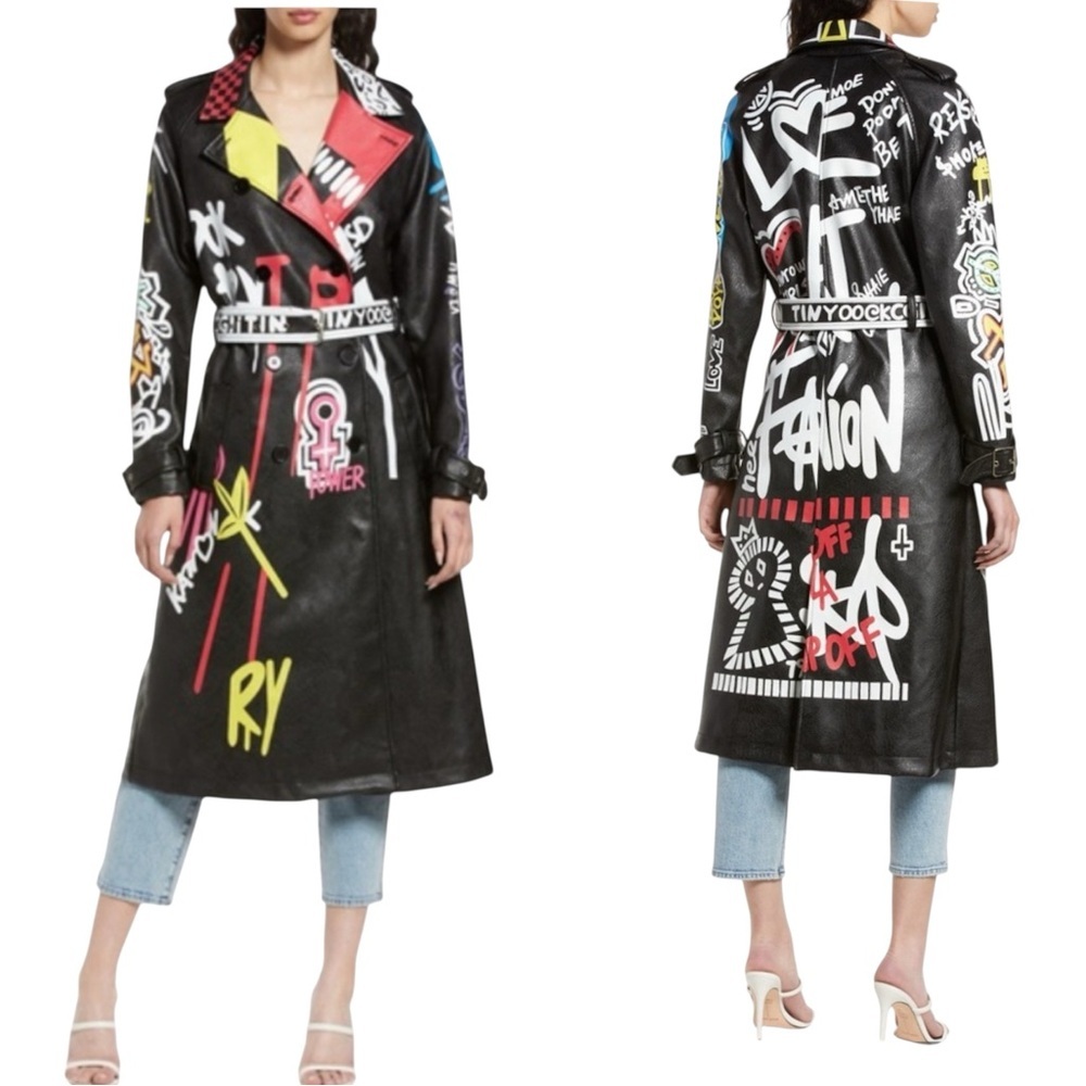 Azalea Wang Faux Leather Grafitti Trench Coat Size XL